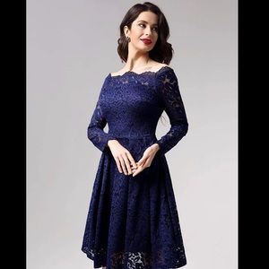 Women's Vintage Floral Lace Long Sleeve Boat Neck Cocktail Party Swing Dress